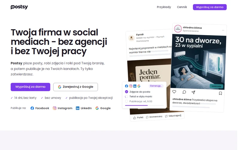 Pierwszy ekran postsy.pl: menu z linkami Przykłady i Cennik, nagłówek z obietnicą, przycisk Wypróbuj za darmo i dopisek 14 dni, bez karty